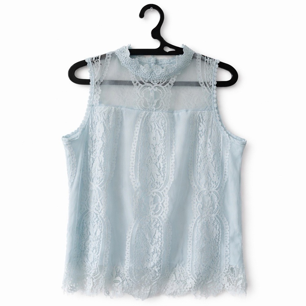 Notations Blue Lace Blouse M Sleeveless Mock Neck Sheer Feminine Top